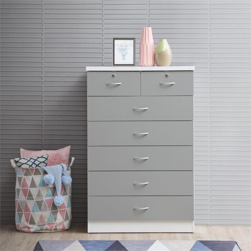 Hodedah 7 Drawer Chest with Locks on 2 Top Drawers in Gray Wood