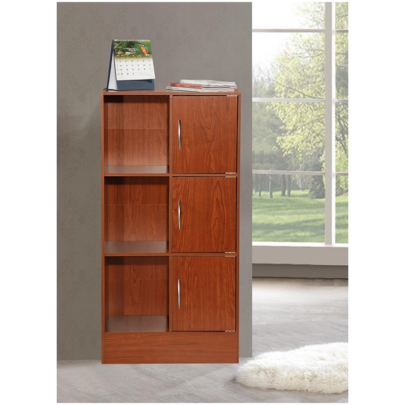 Hodedah Multipurpose Wooden Bookcase with 3-Doors 6-Shelves in Cherry