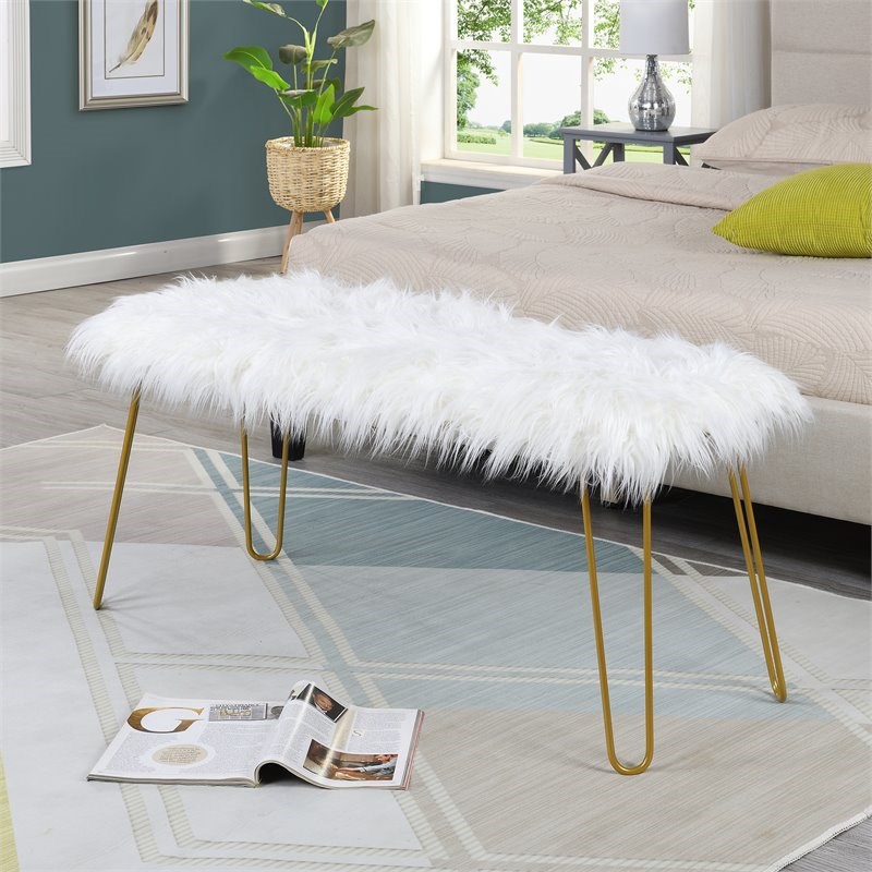 Carolina Classics Morrissey Long Bench in White Faux Fur and Gold