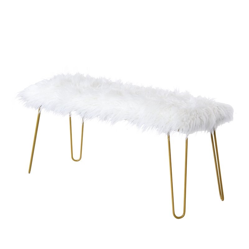 Carolina Classics Morrissey Long Bench in White Faux Fur and Gold
