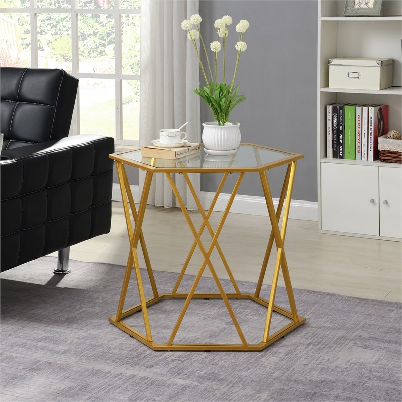 Carolina Classics Lennon Hexagonal Glass Top Accent Table in Gold Homesquare