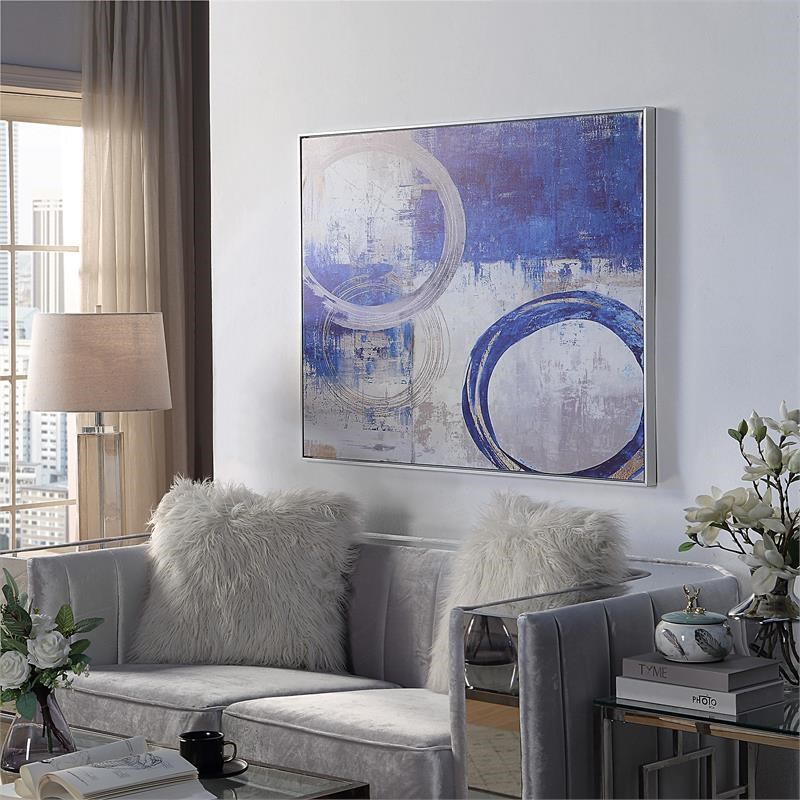 Carolina Classics Circle Abstract Wall Art 36 x 47 with Silver Frame in Blue