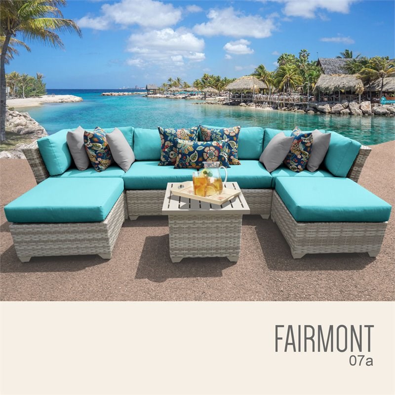 TK Classics Fairmont 7 Piece Wicker Patio Sectional Set w/ Aruba Cushions