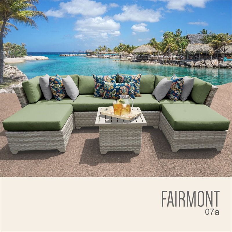 TK Classics Fairmont 7 Piece Wicker Patio Sectional Set w/ Cilantro Cushions