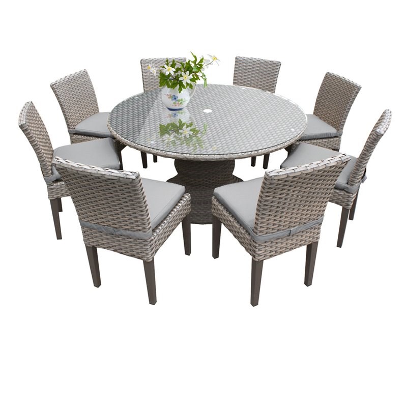 Tkc Oasis 9 Piece 60 Round Glass Top Patio Dining Set In Grey Oasis 60 Kit 8c Grey