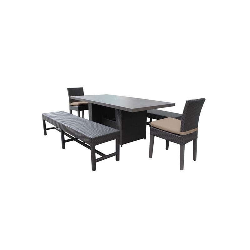 Barbados Patio Dining Table with 2 Armless Chairs and 2 Benches in Wheat