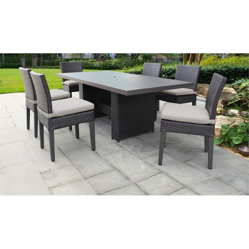 Barbados Rectangular Outdoor Patio Dining Table with 6 Armless Chairs in Beige