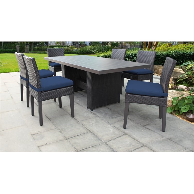 Barbados Rectangular Outdoor Patio Dining Table with 6 Armless Chairs in Navy