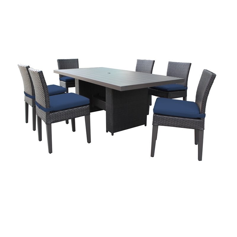 Barbados Rectangular Outdoor Patio Dining Table with 6 Armless Chairs in Navy