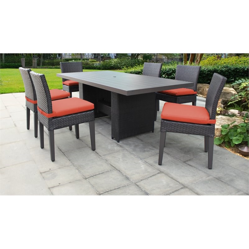 Barbados Rectangular Patio Dining Table with 6 Armless Chairs in Tangerine