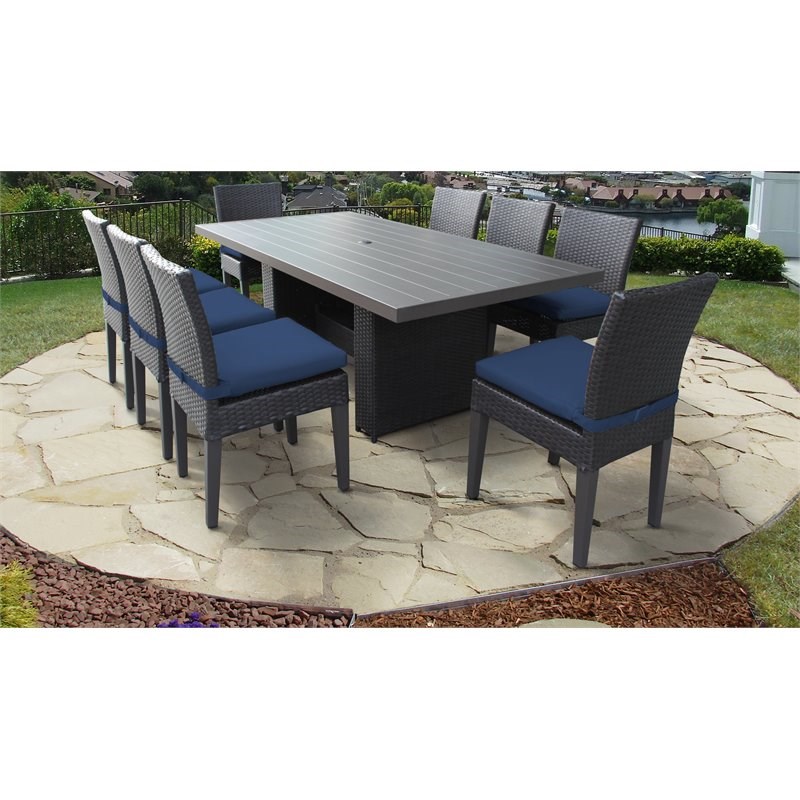 Barbados Rectangular Outdoor Patio Dining Table with 8 Armless Chairs in Navy