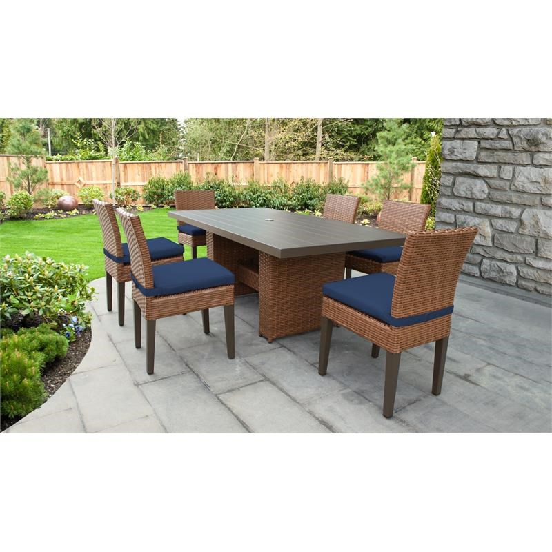 Laguna Rectangular Outdoor Patio Dining Table with 6 Armless Chairs in Navy
