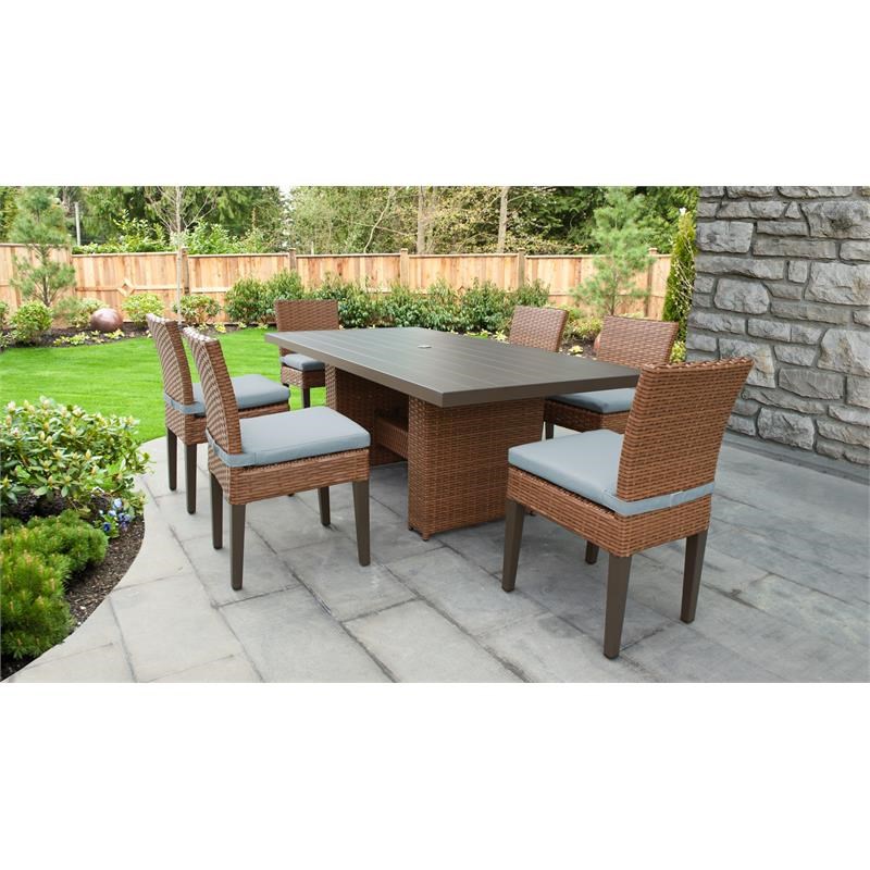 Laguna Rectangular Outdoor Patio Dining Table with 6 Armless Chairs in Spa