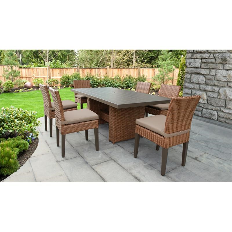 Laguna Rectangular Outdoor Patio Dining Table with 6 Armless Chairs in Wheat
