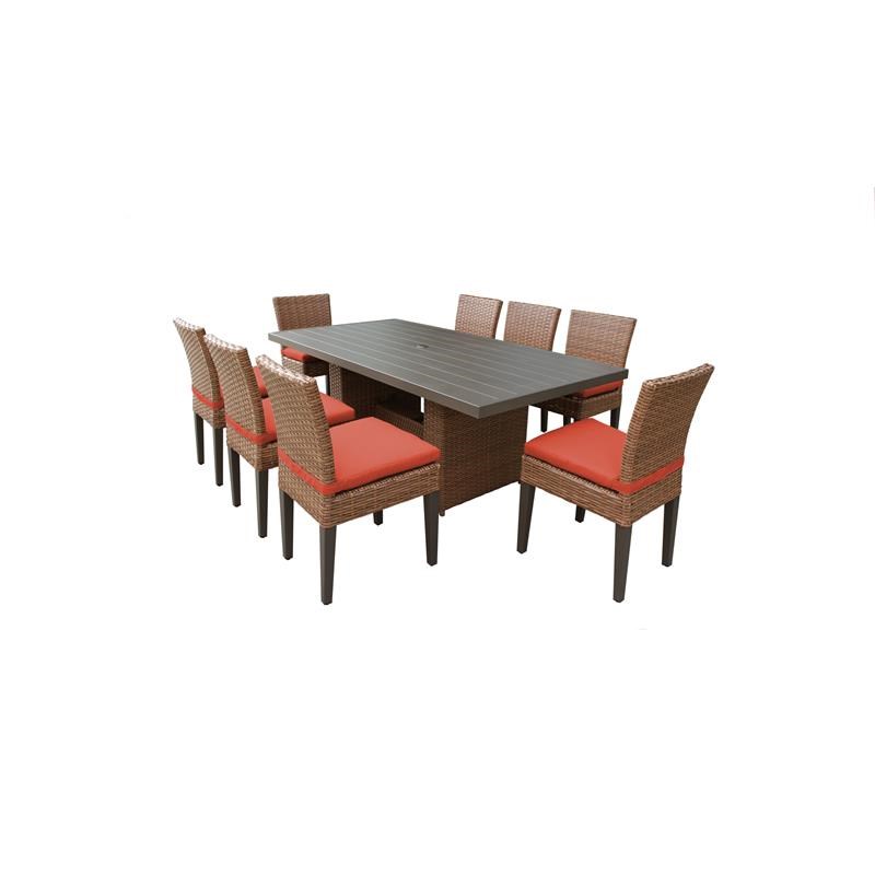 Laguna Rectangular Outdoor Patio Dining Table with 8 Armless Chairs in Tangerine