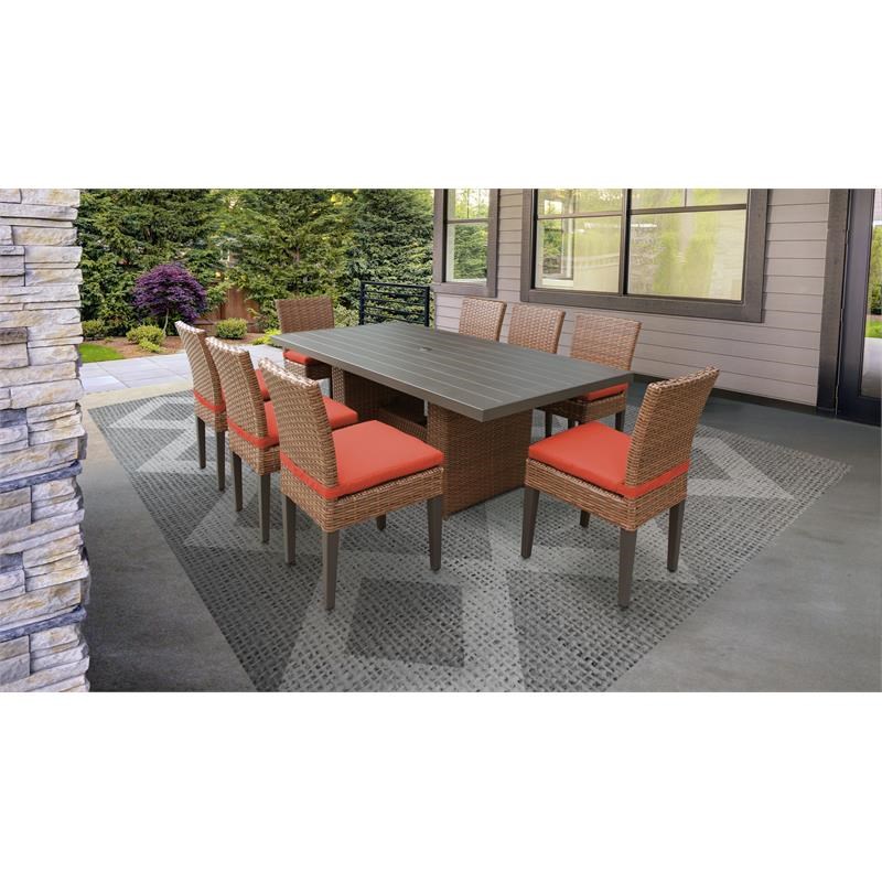 Laguna Rectangular Outdoor Patio Dining Table with 8 Armless Chairs in Tangerine