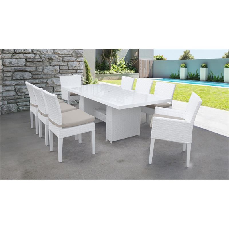 Miami Rectangular Patio Dining Table 6 Armless Chairs 2 Arm Chairs in Beige