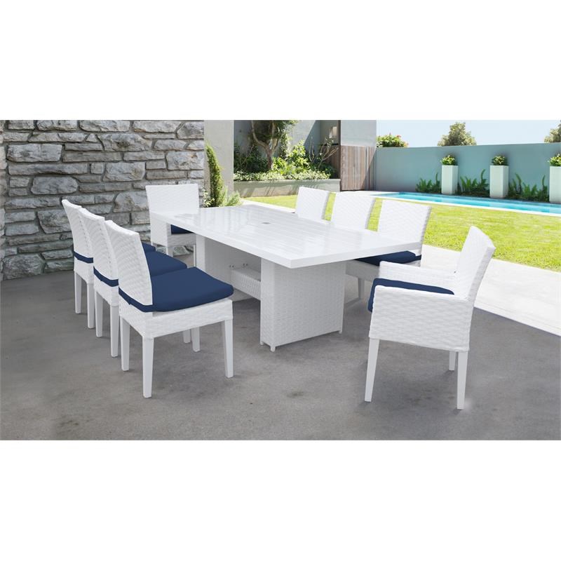 Miami Rectangular Patio Dining Table 6 Armless Chairs 2 Arm Chairs in Navy