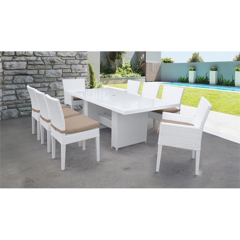Miami Rectangular Patio Dining Table 6 Armless Chairs 2 Arm Chairs in Wheat