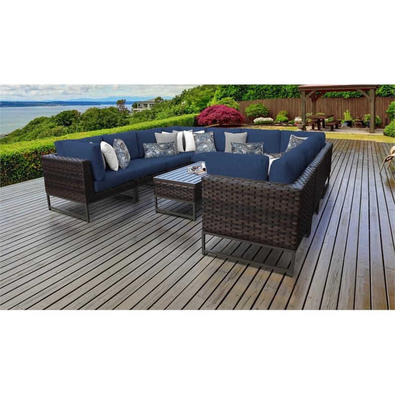AMALFI 11 Piece Wicker Patio Furniture Set 11a in Brown and Navy
