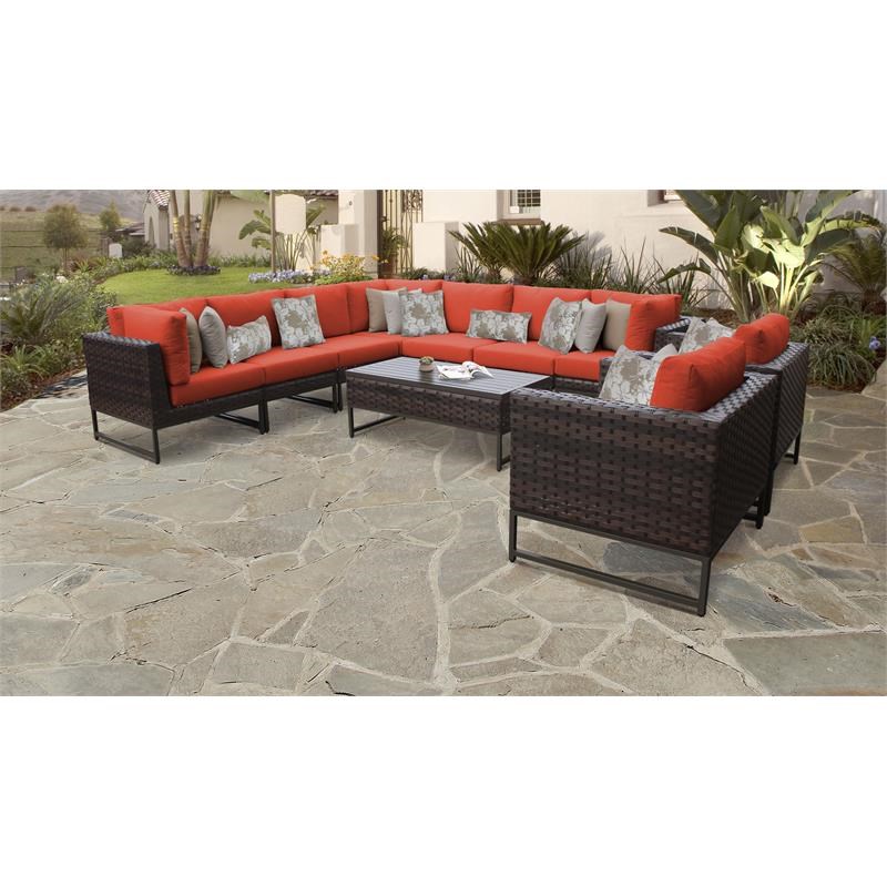 AMALFI 10 Piece Wicker Patio Furniture Set 10a in Brown and Tangerine
