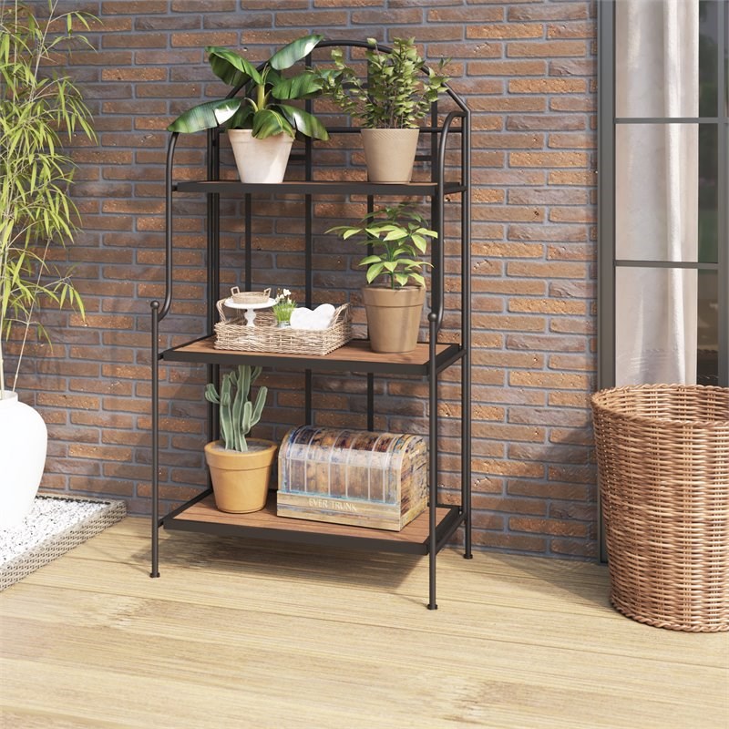 TK Classics Metal Frame and Planked Acacia Wood Shelves Plant Stand in Black