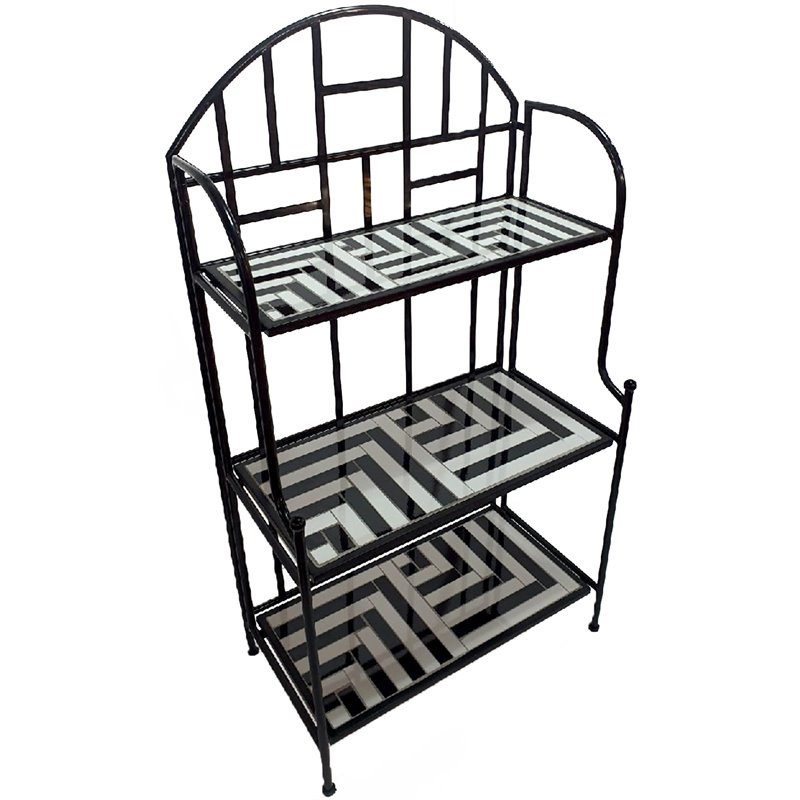 TK Classics Metal and Mosaic Tile Pattern Shelves Plant Stand in Black/White