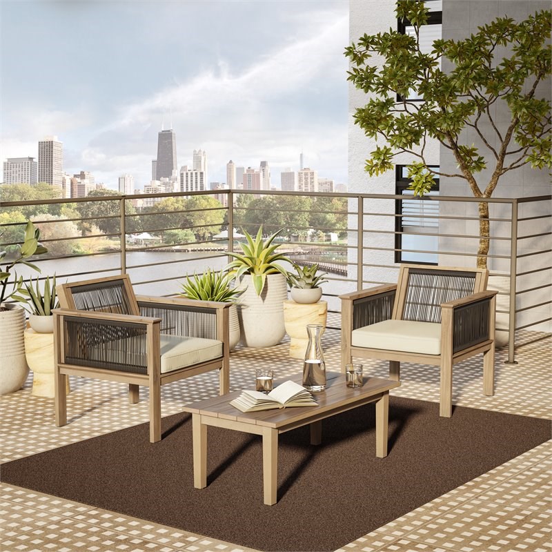 TK Classics Outdoor 3-PC Acacia Wood and Wicker Conversation Set in Beige/Black