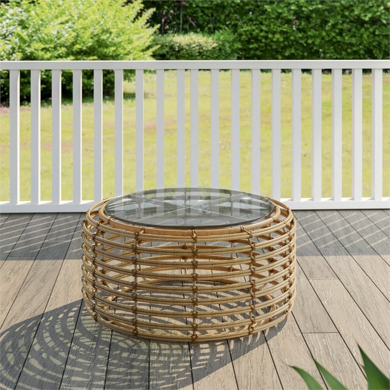 TK Classics Round Patio Aluminum/Wicker Frame Coffee Table with Glass Top Beige