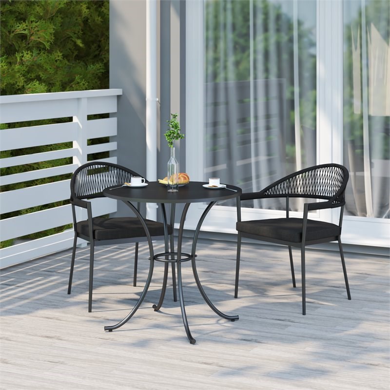 3Pc Outdoor Bistro Set with Concrete Top/Rope Dining Armchair/Cushions in Black