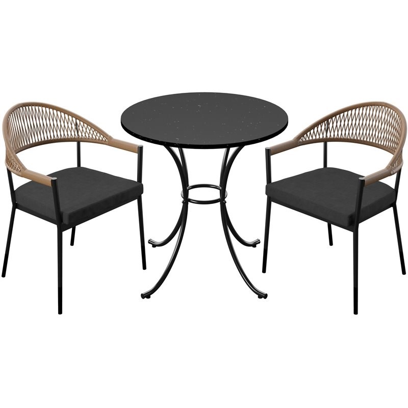 3Pc Outdoor Bistro Set with Wicker Dining Armchair & Cushions in Black/Beige