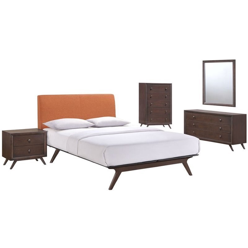Modway Tracy 5 Piece Queen Bedroom Set in Cappuccino and Orange