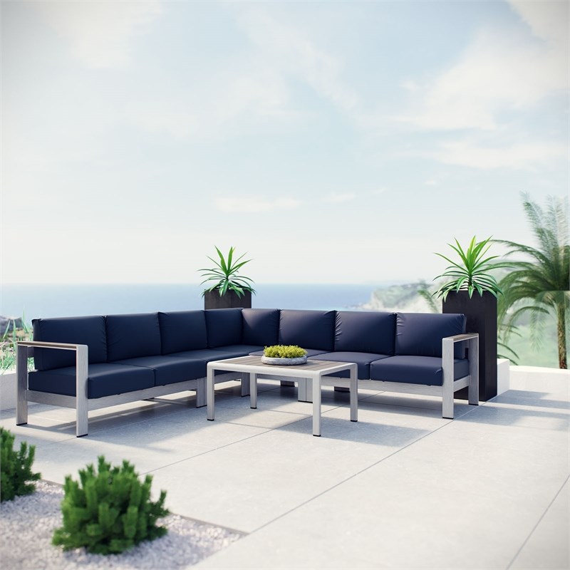 Modway Shore 6 Piece Outdoor Patio Aluminum Sectional Sofa Set in Silver Navy