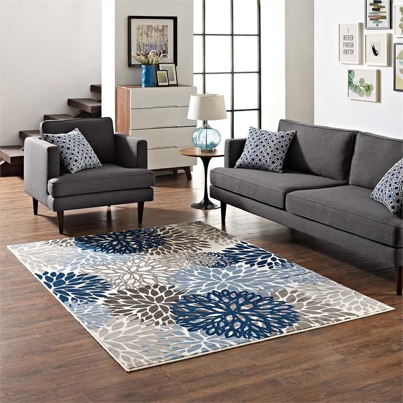 Modway Calithea 5' x 8' Abstract Floral Area Rug in Blue and Brown