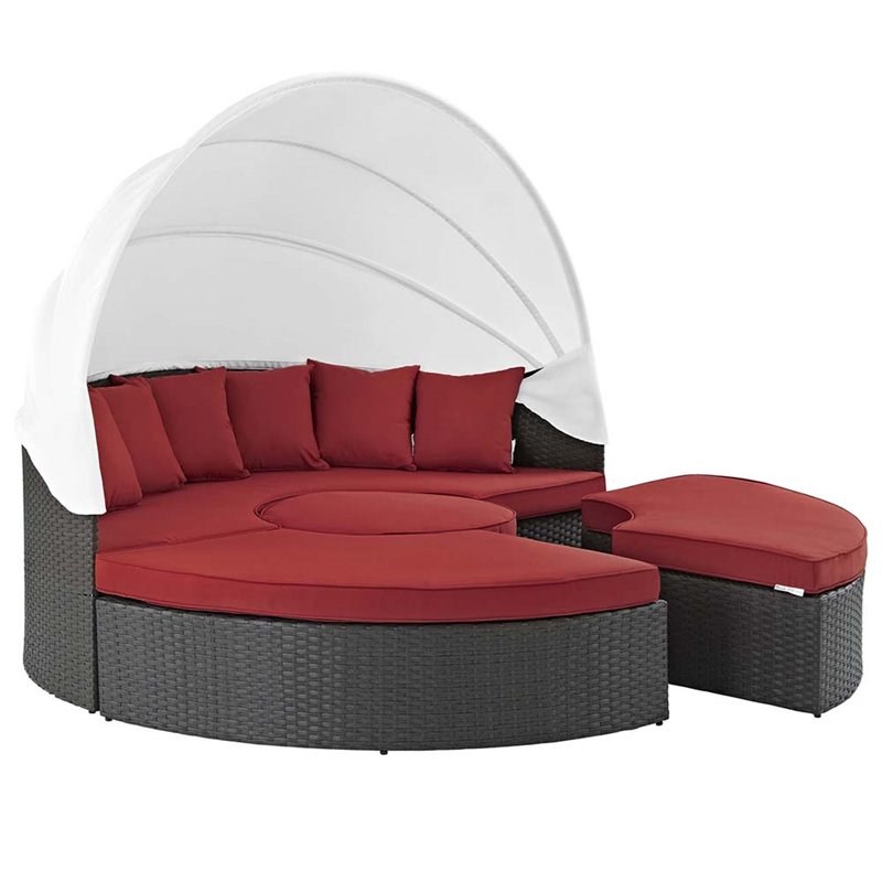 Modway Sojourn 4 Piece Patio Canopy Daybed in Canvas Red and Chocolate