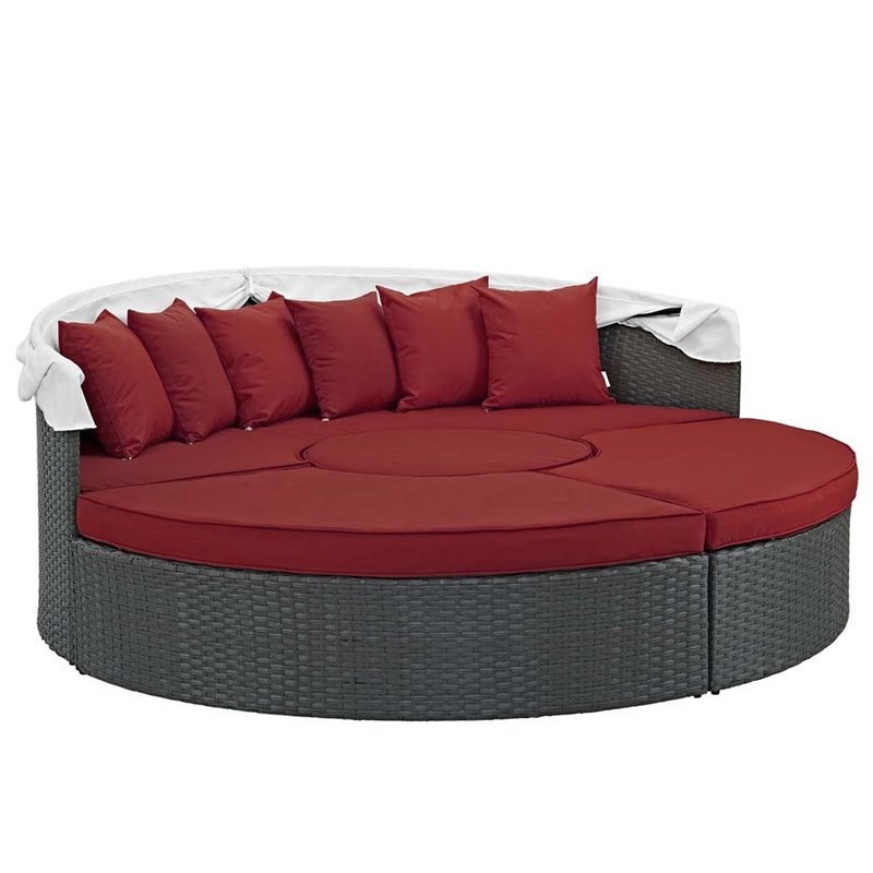 Modway Sojourn 4 Piece Patio Canopy Daybed in Canvas Red and Chocolate