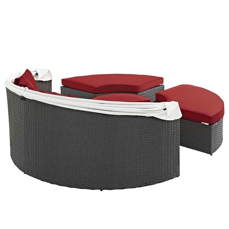 Modway Sojourn 4 Piece Patio Canopy Daybed in Canvas Red and Chocolate