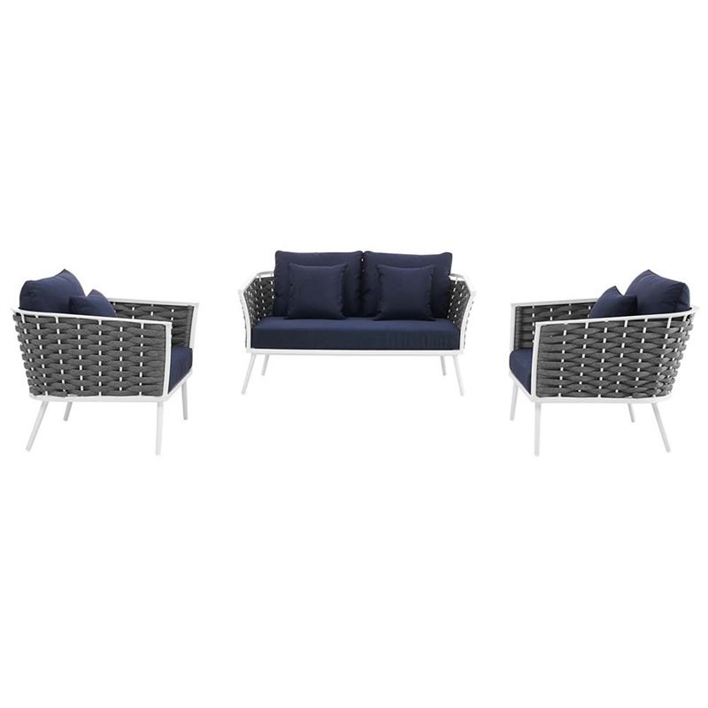 Modway Stance 3 Piece Patio Sofa Set in White and Navy