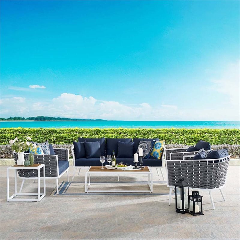 Modway Stance 3 Piece Patio Sofa Set in White and Navy