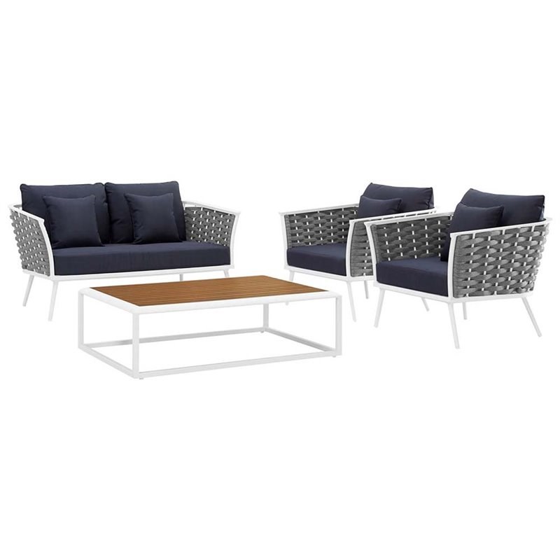 Modway Stance 4 Piece Patio Sofa Set in White and Navy