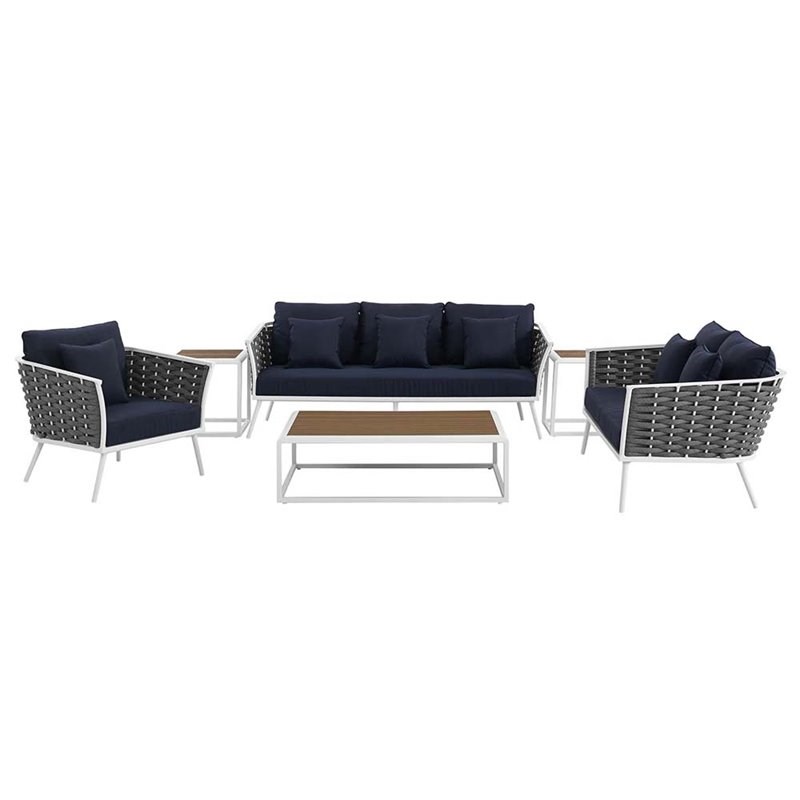 Modway Stance 6 Piece Patio Sofa Set in White and Navy