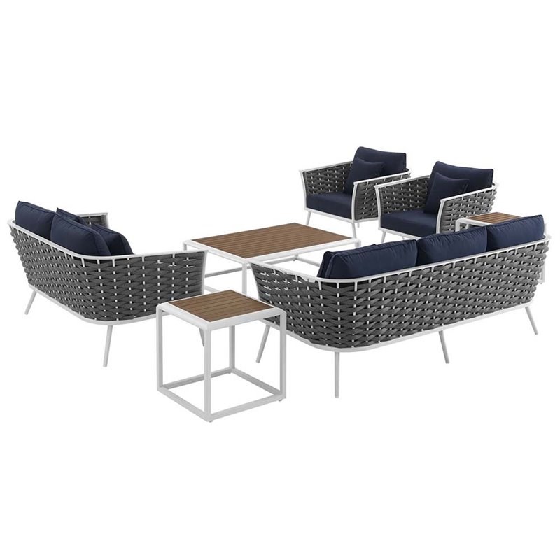 Modway Stance 7 Piece Patio Sofa Set in White and Navy