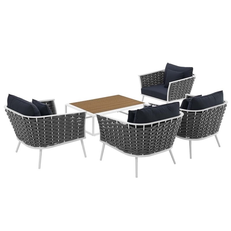 Modway Stance 5 Piece Aluminum Patio Chair Set in White and Navy
