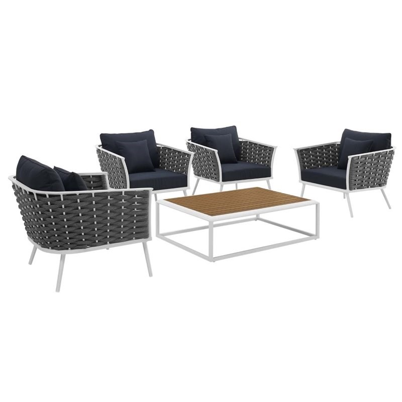 Modway Stance 5 Piece Aluminum Patio Chair Set in White and Navy