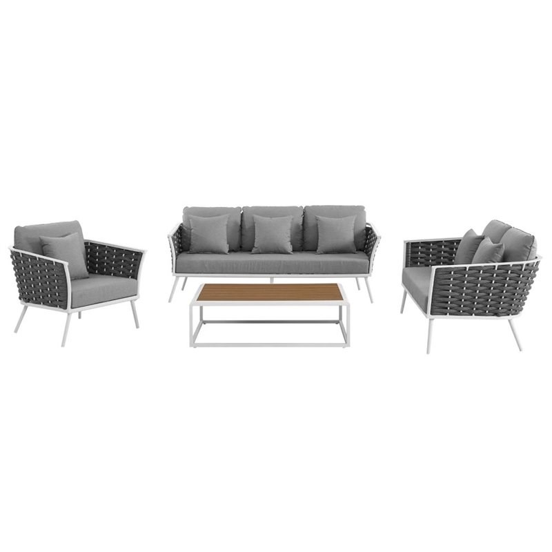 Modway Stance 4 Piece Aluminum Patio Sectional Sofa Set in White and Gray