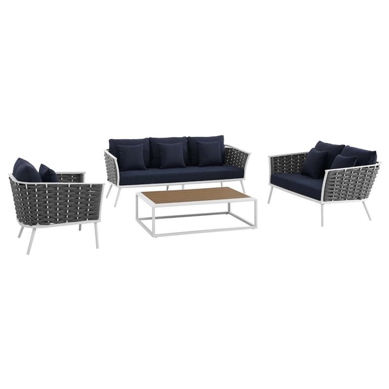 Modway Stance 4 Piece Aluminum Patio Sectional Sofa Set in White and Navy