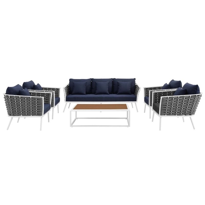 Modway Stance 6 Piece Aluminum Patio Sectional Sofa Set in White and Navy