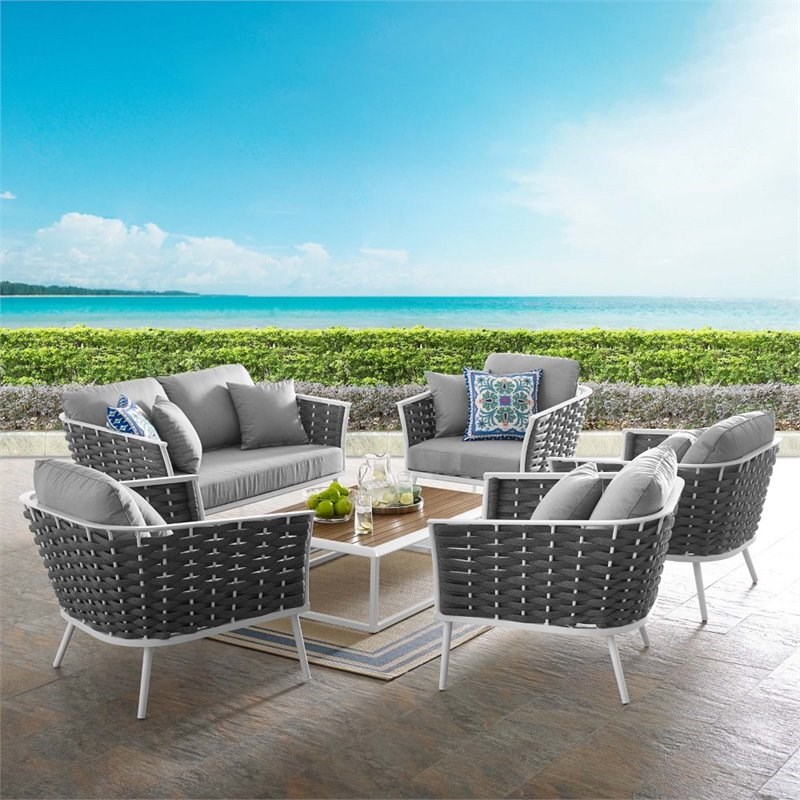 Modway Stance 6 Piece Aluminum Patio Sectional Sofa Set in White and Gray