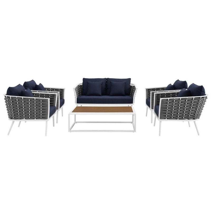 Modway Stance 6 Piece Aluminum Patio Sectional Sofa Set in White and Navy