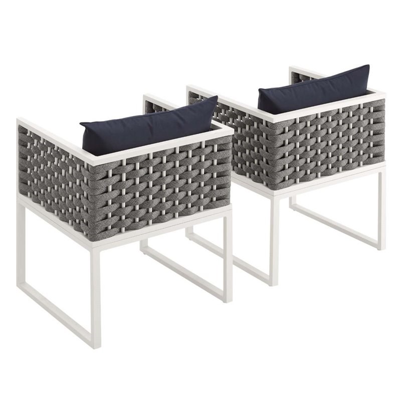 Modway Stance Aluminum Patio Dining Armchair in White and Navy (Set of 2)